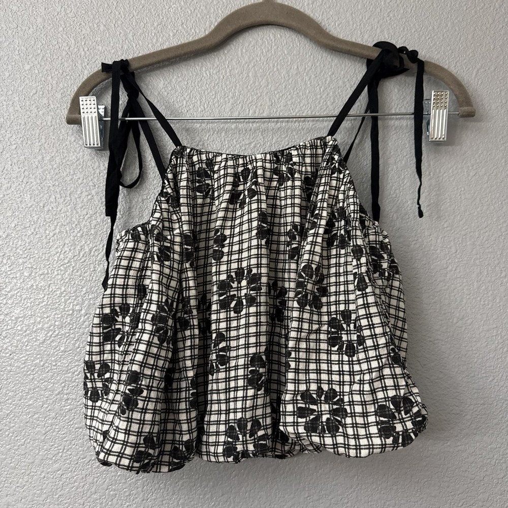 Stitch and Pine Gingham Floral Toe Strap Bubble Crop Top